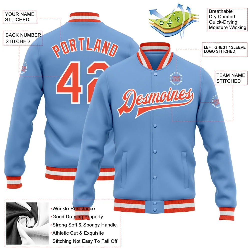 Custom Light Blue Orange-White Bomber Full-Snap Varsity Letterman Jacket