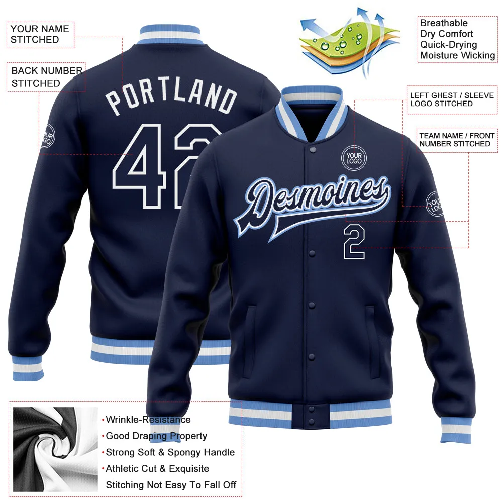 Custom Navy Navy-Light Blue Bomber Full-Snap Varsity Letterman Jacket