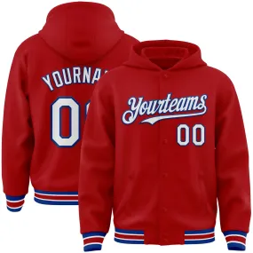 Custom Red White-Royal Bomber Full-Snap Varsity Letterman Hoodie Jacket