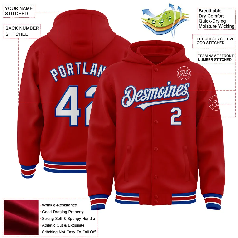 Custom Red White-Royal Bomber Full-Snap Varsity Letterman Hoodie Jacket