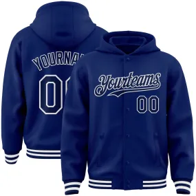 Custom Royal Navy-White Bomber Full-Snap Varsity Letterman Hoodie Jacket