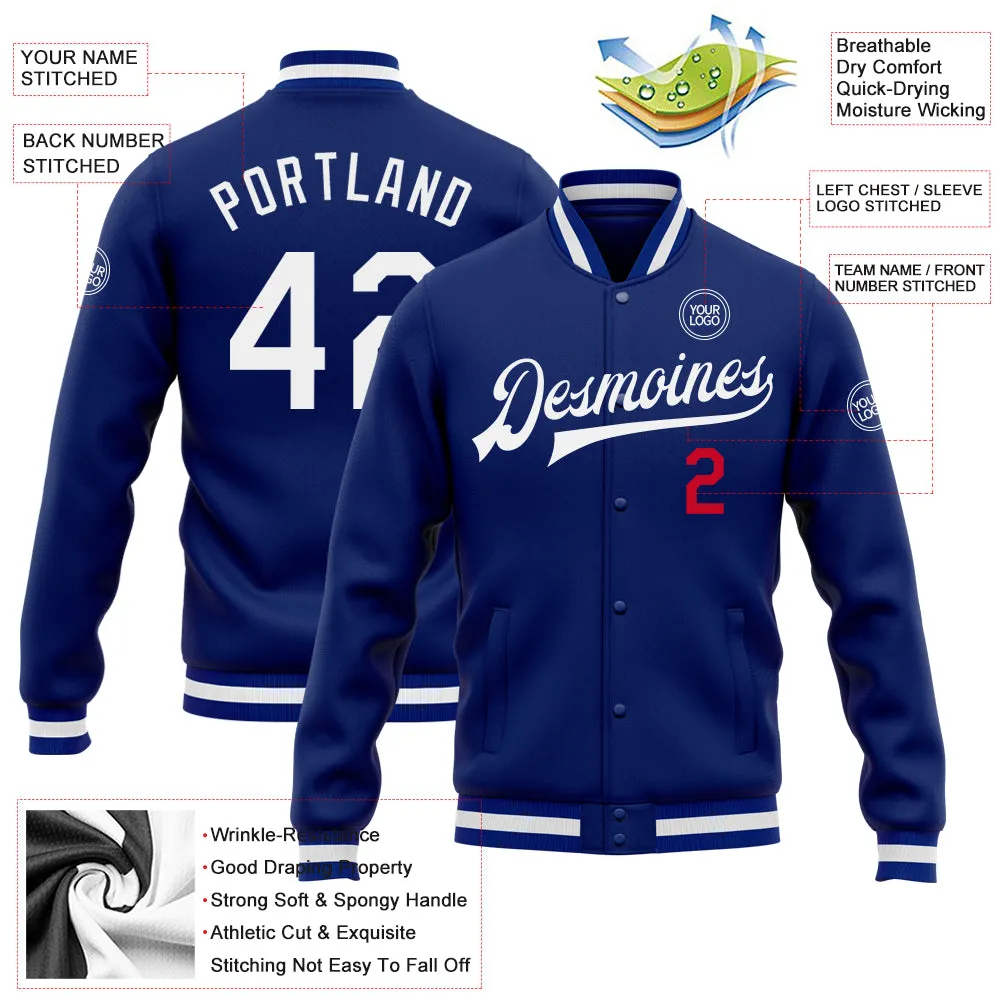 Custom Royal White-Red Bomber Full-Snap Varsity Letterman Jacket