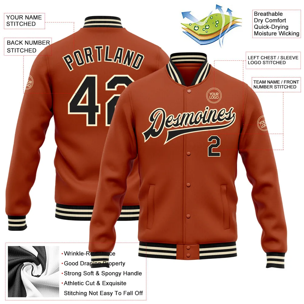 Custom Texas Orange Black-Cream Bomber Full-Snap Varsity Letterman Jacket