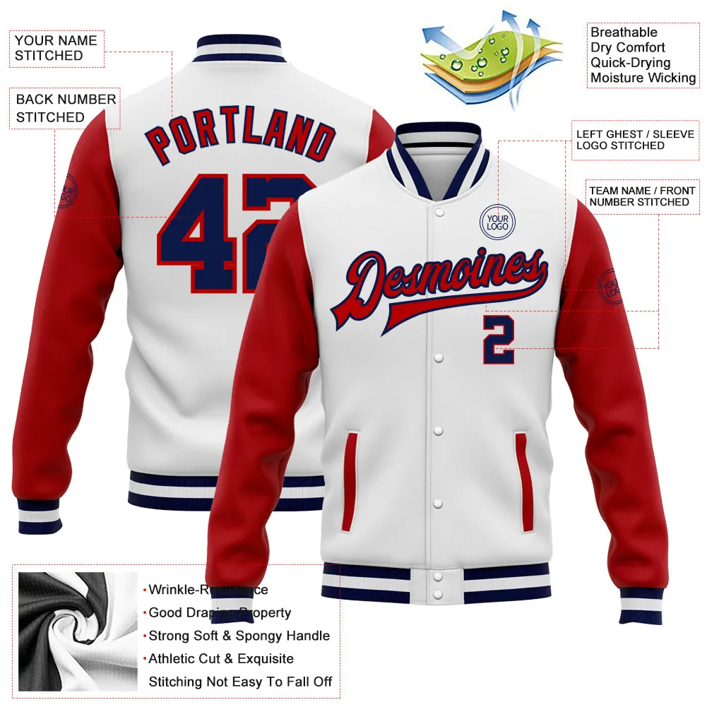 Custom White Navy-Red Bomber Full-Snap Varsity Letterman Two Tone Jacket