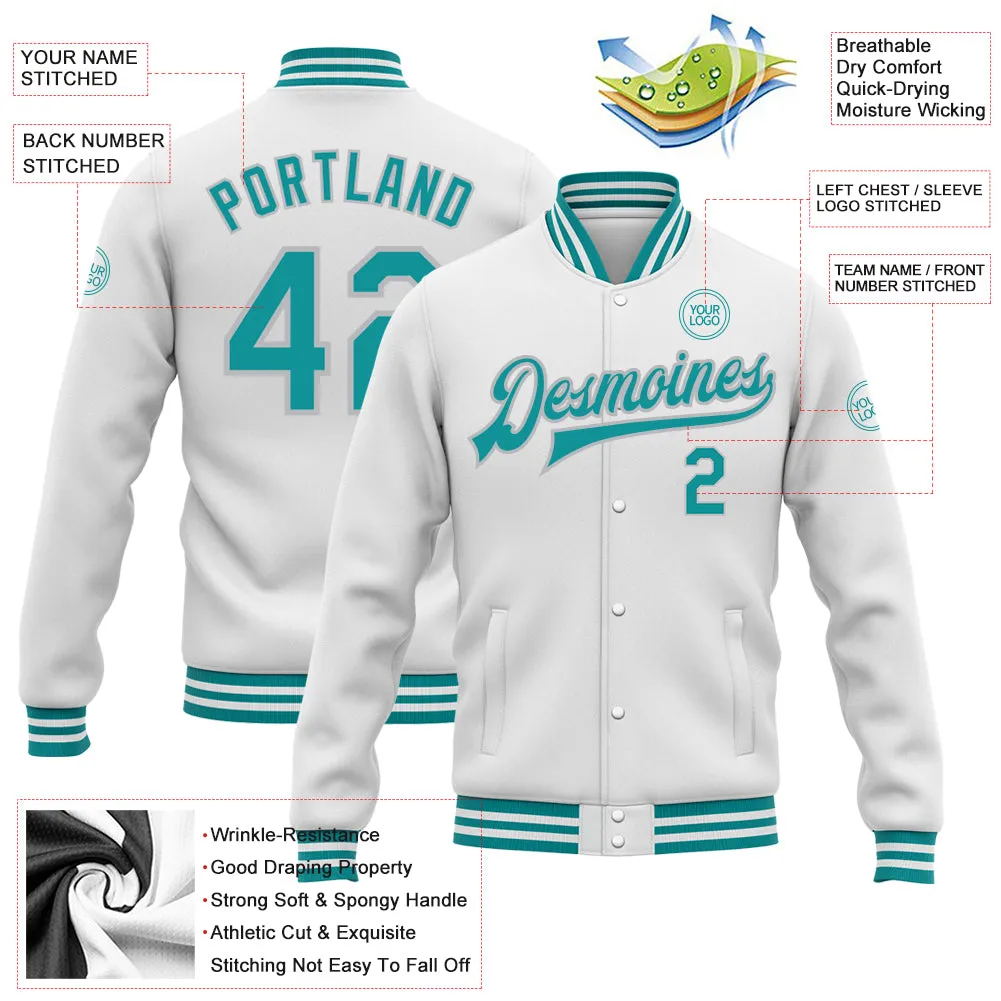 Custom White Teal-Gray Bomber Full-Snap Varsity Letterman Jacket