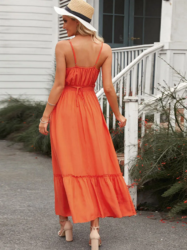 Cut Out High Waist Strap Orange Maxi Boho Dress