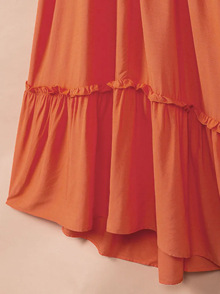 Cut Out High Waist Strap Orange Maxi Boho Dress