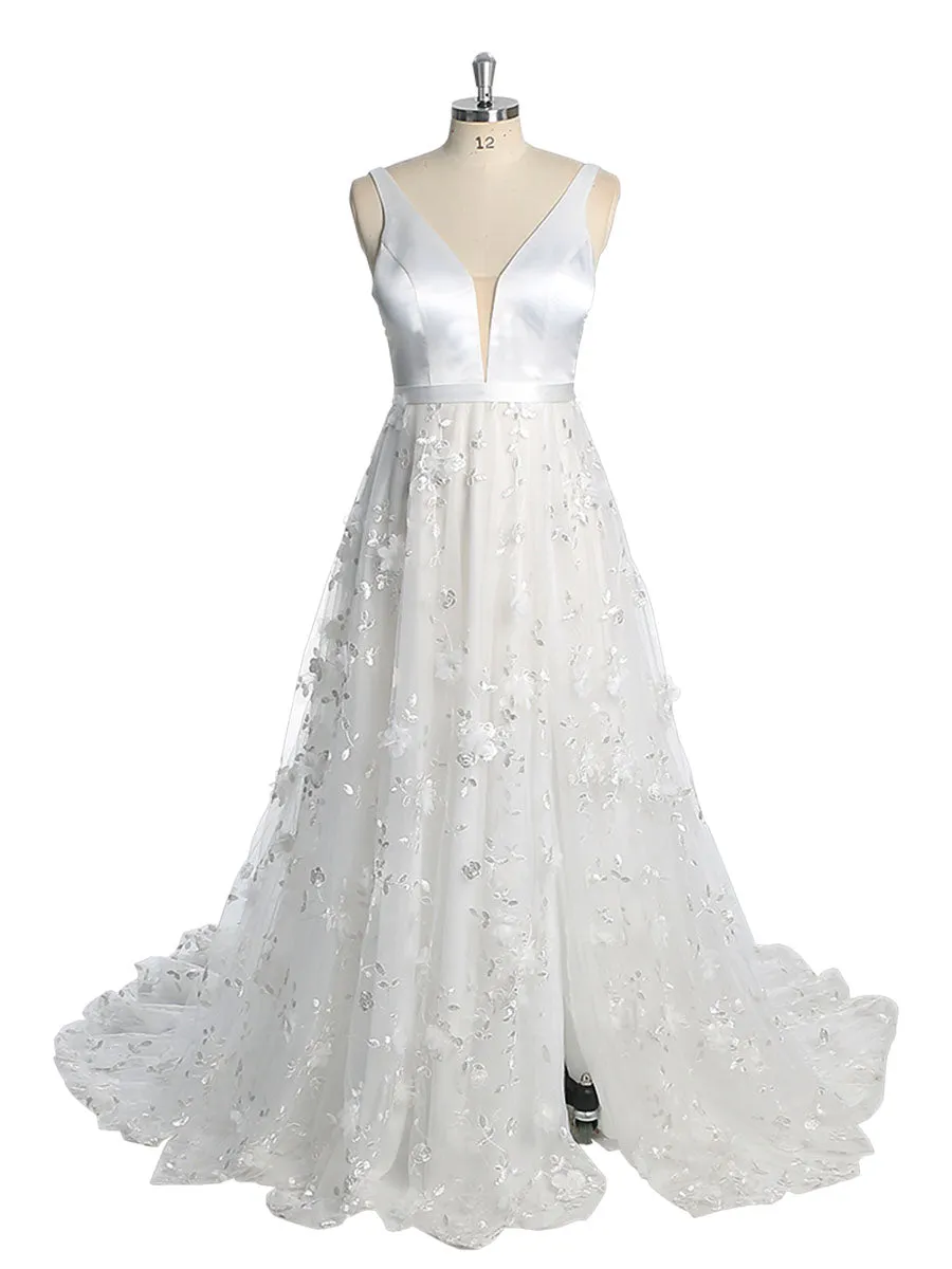 Double V-Neck Tull Lace Bohemian Beach Bridal Wedding Dress YW230217