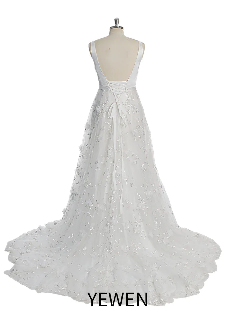 Double V-Neck Tull Lace Bohemian Beach Bridal Wedding Dress YW230217