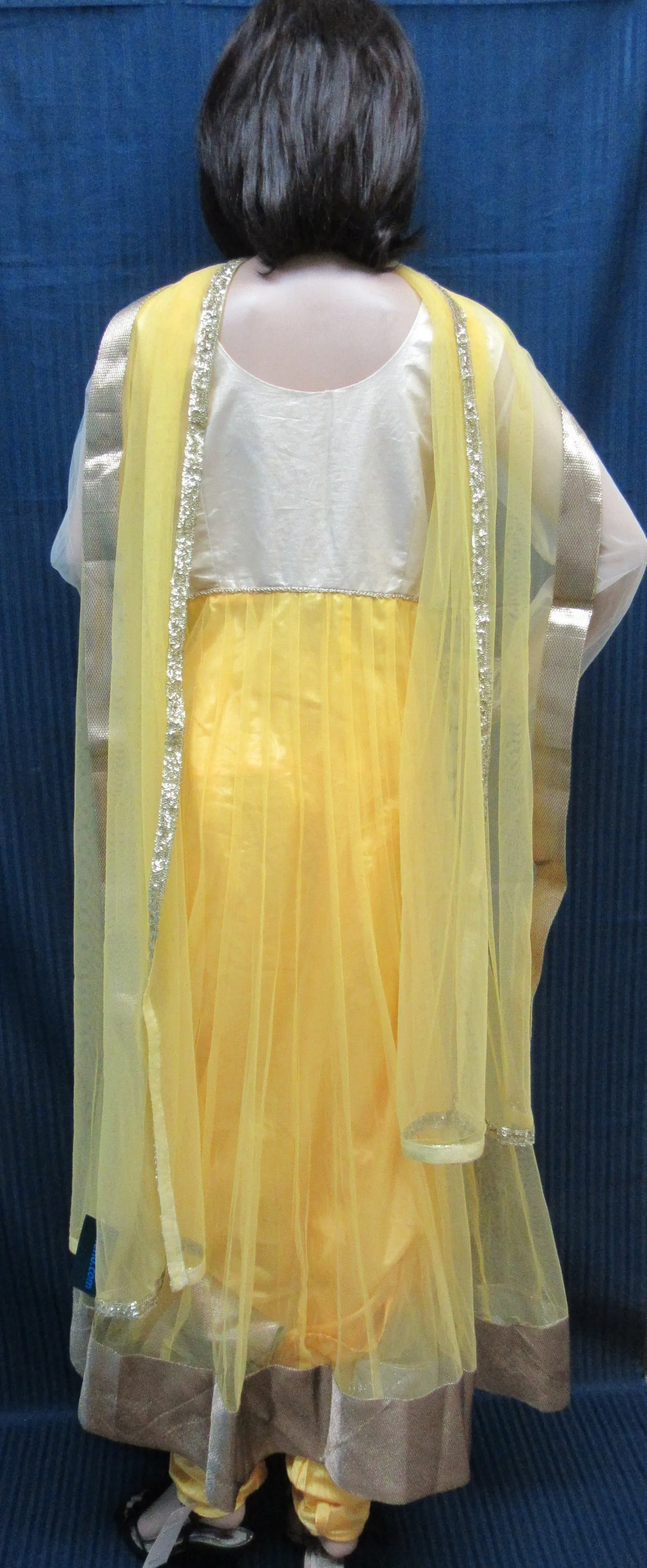 Dress 6023 Yellow Net Flared Long Tunic Gold Detail Set Large Size