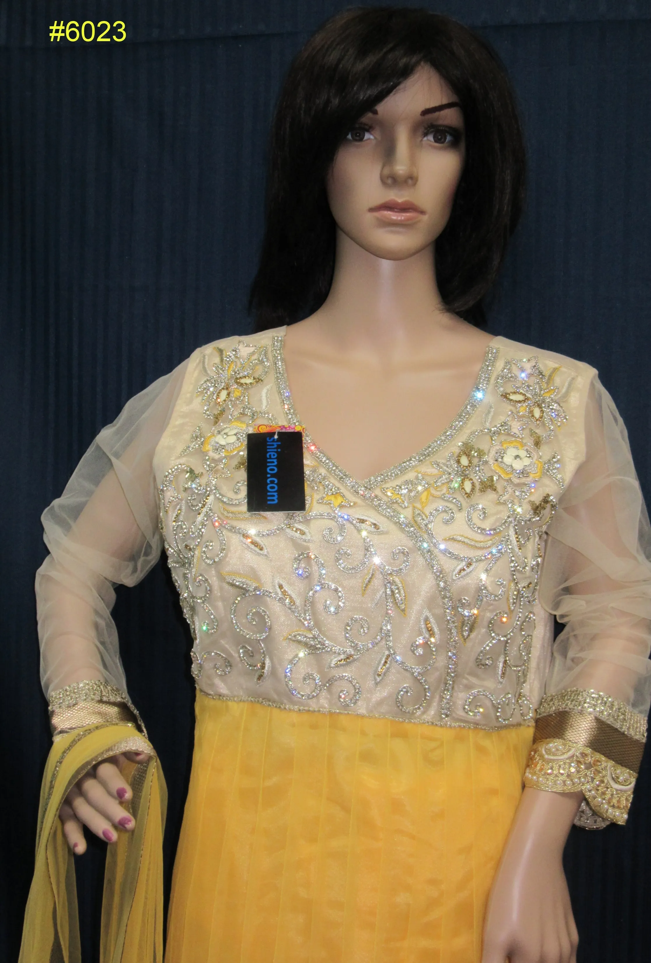 Dress 6023 Yellow Net Flared Long Tunic Gold Detail Set Large Size