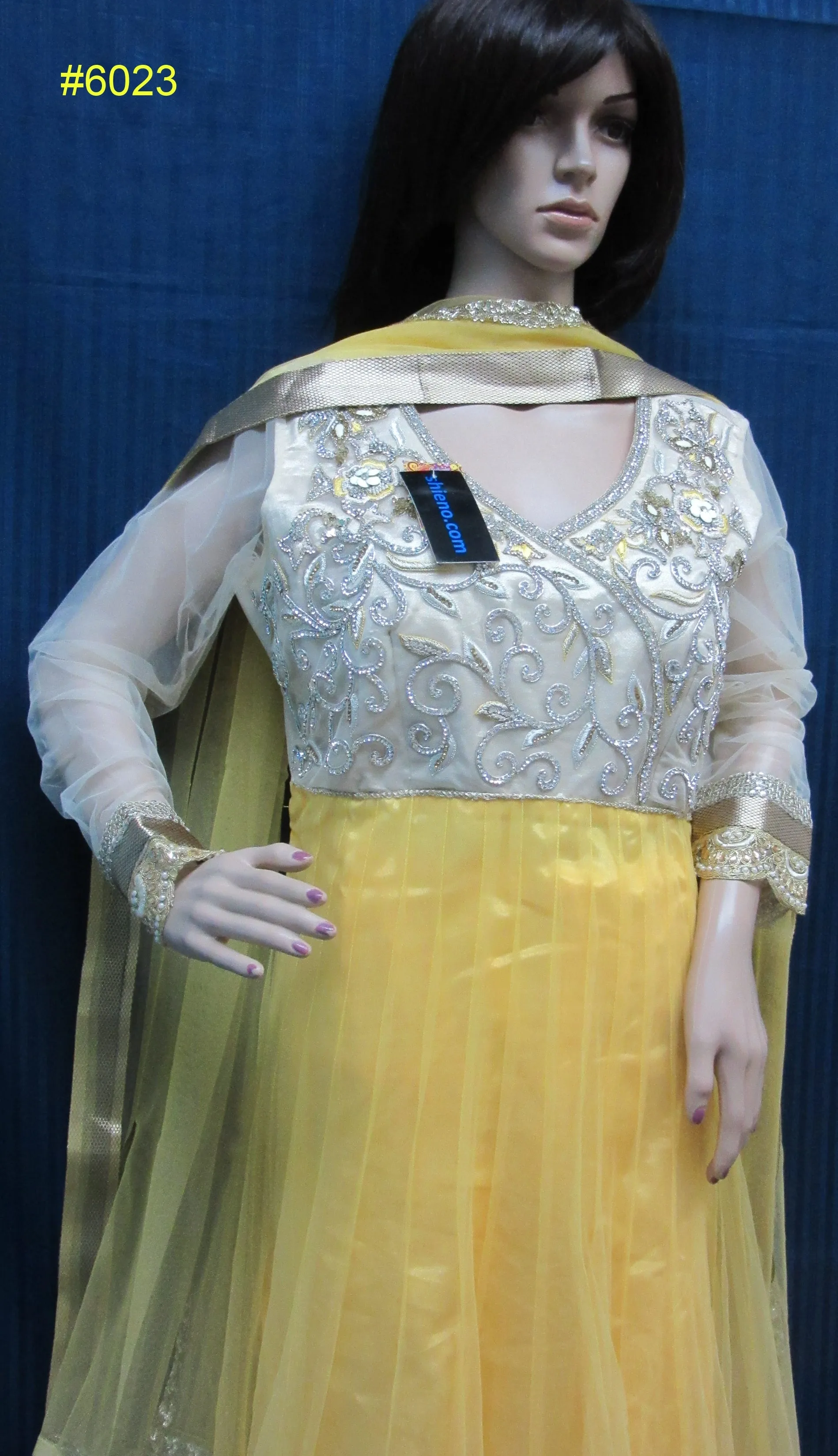 Dress 6023 Yellow Net Flared Long Tunic Gold Detail Set Large Size