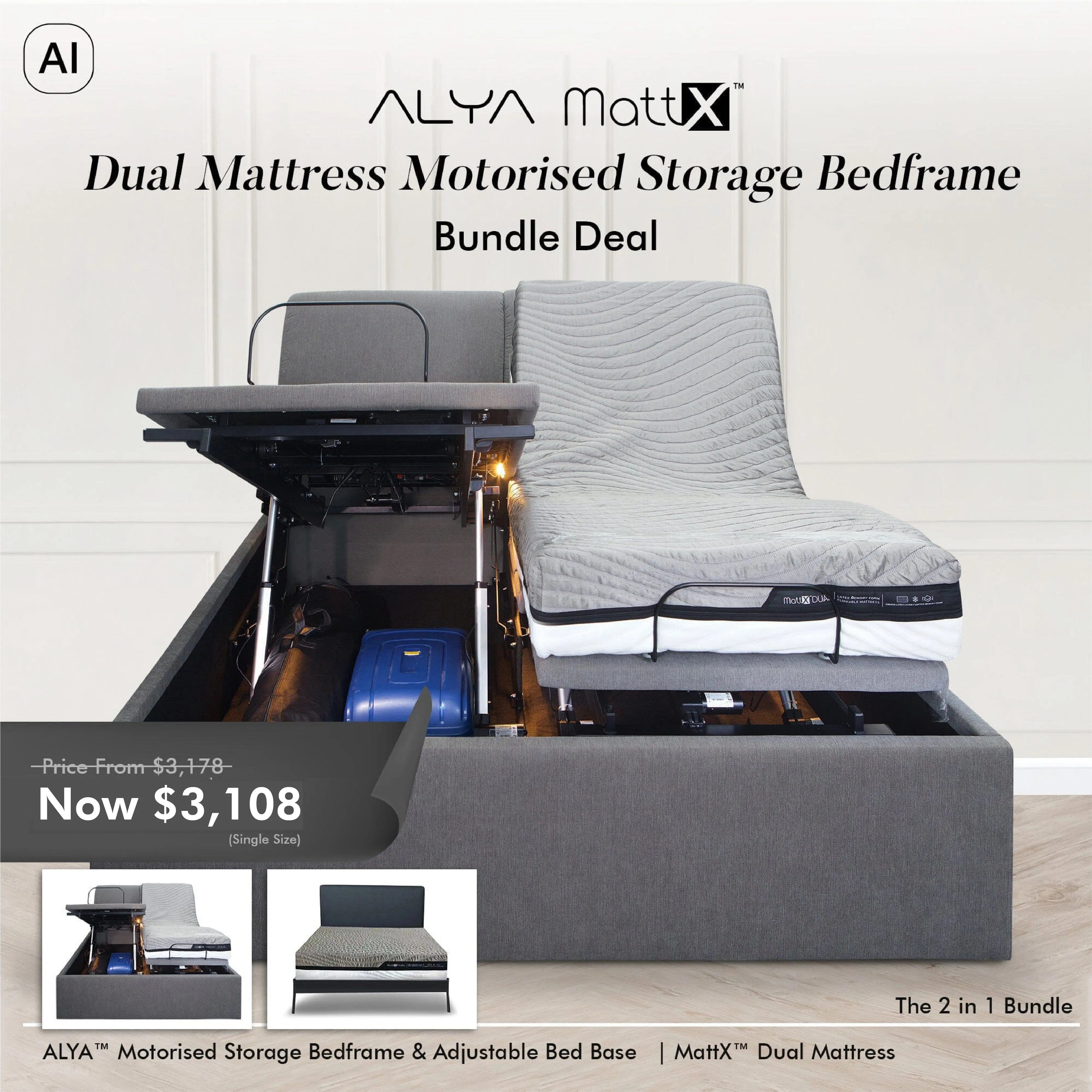 Dual Mattress Motorised Storage Bedframe Bundle