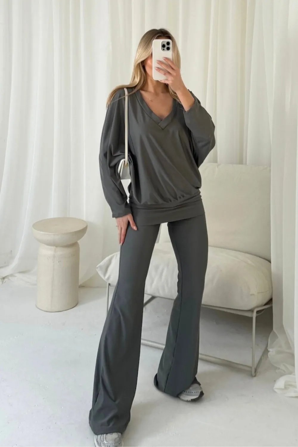 Evelyn grey v-neck bat sleeve loungewear set