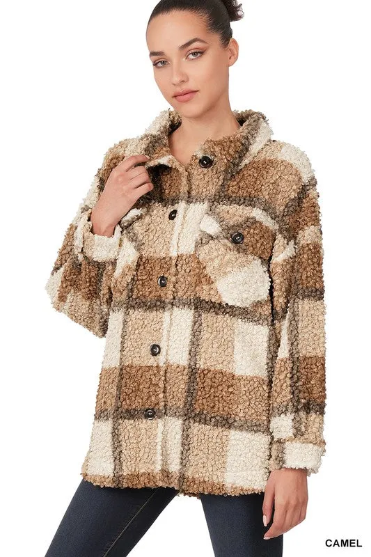 Fall Feelings Plaid Sherpa Shacket - Caramel Mix