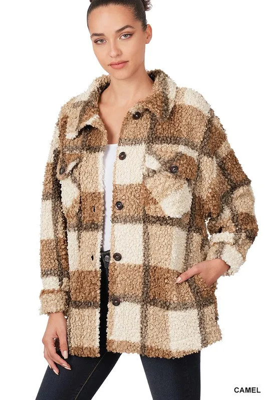 Fall Feelings Plaid Sherpa Shacket - Caramel Mix