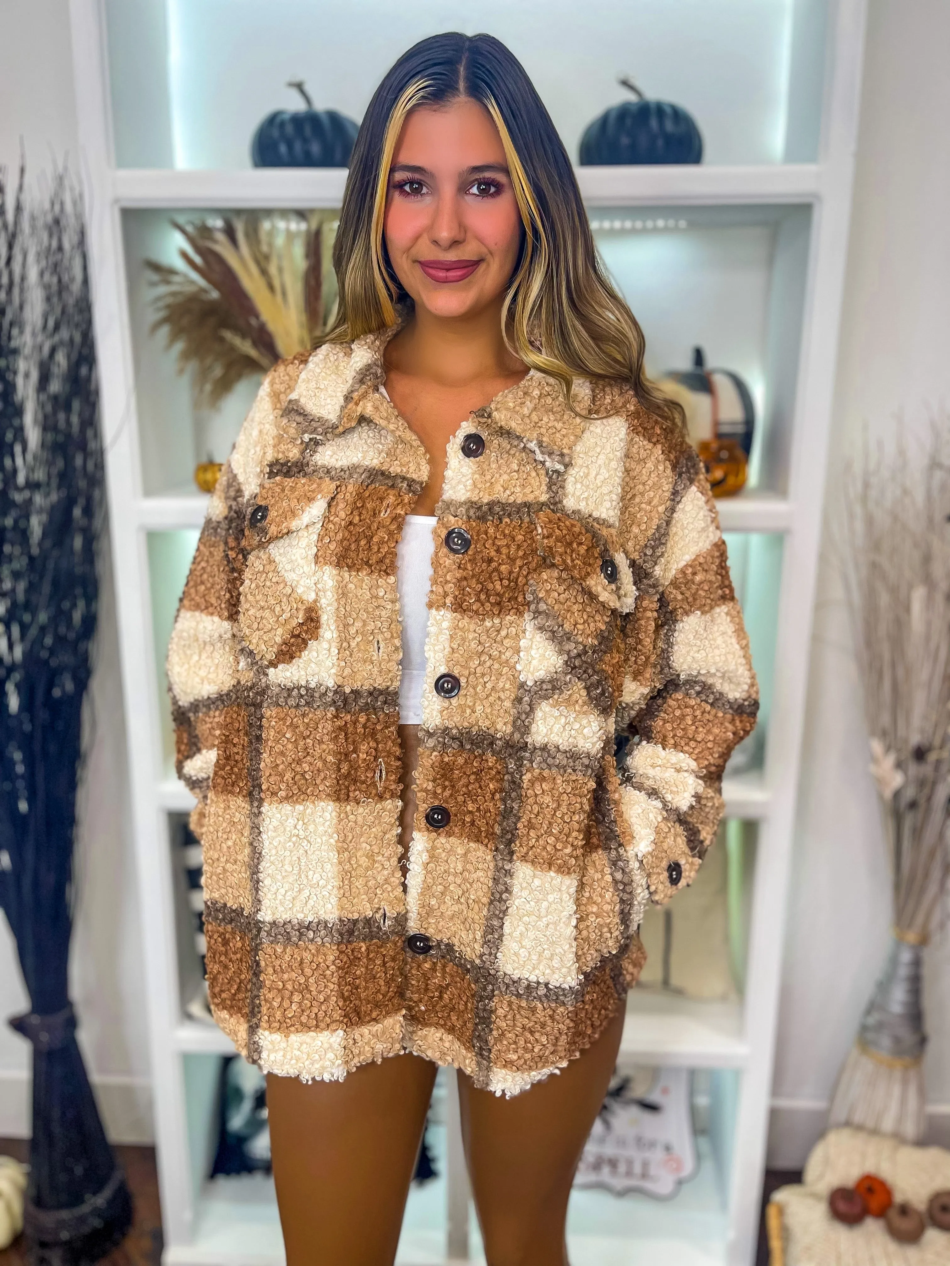 Fall Feelings Plaid Sherpa Shacket - Caramel Mix