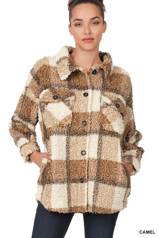 Fall Feelings Plaid Sherpa Shacket - Caramel Mix