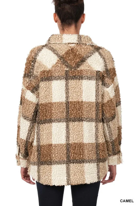 Fall Feelings Plaid Sherpa Shacket - Caramel Mix