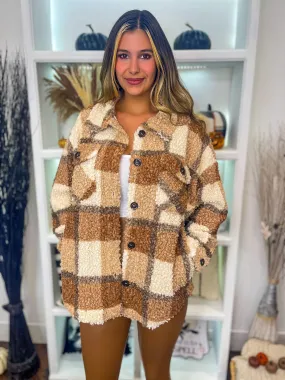 Fall Feelings Plaid Sherpa Shacket - Caramel Mix