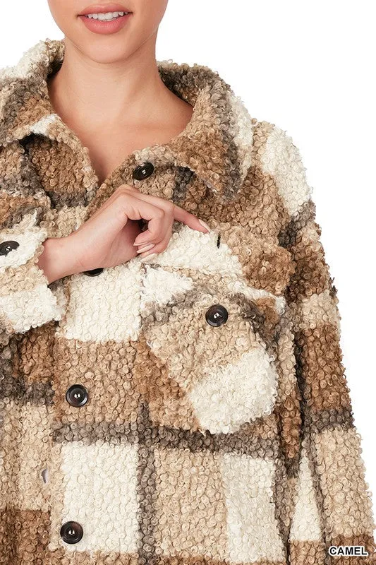 Fall Feelings Plaid Sherpa Shacket - Caramel Mix