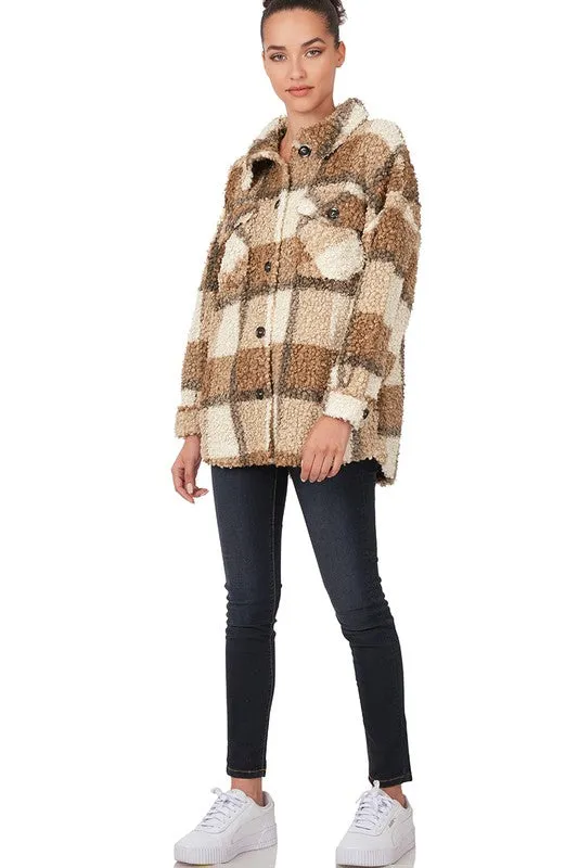 Fall Feelings Plaid Sherpa Shacket - Caramel Mix