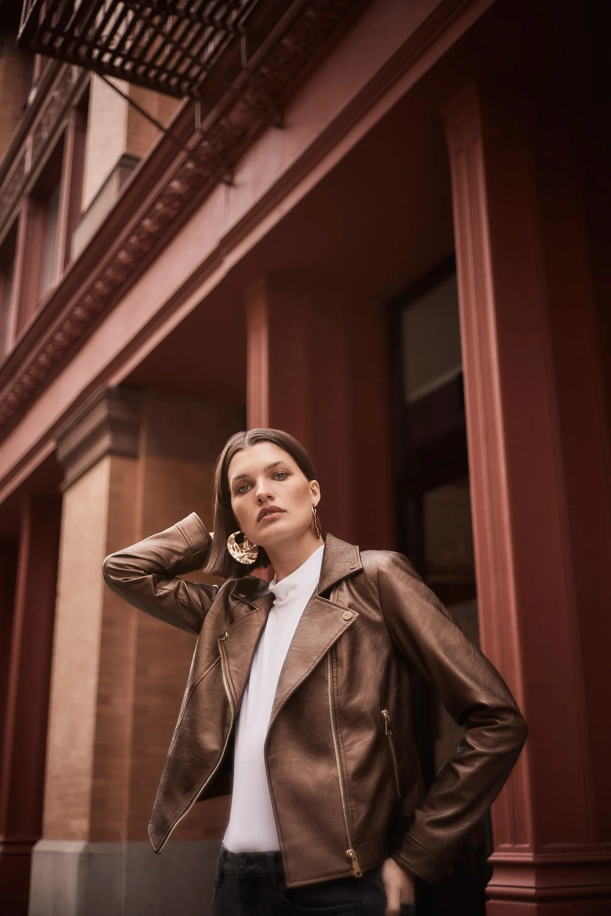 Faux leather biker jacket in bronze