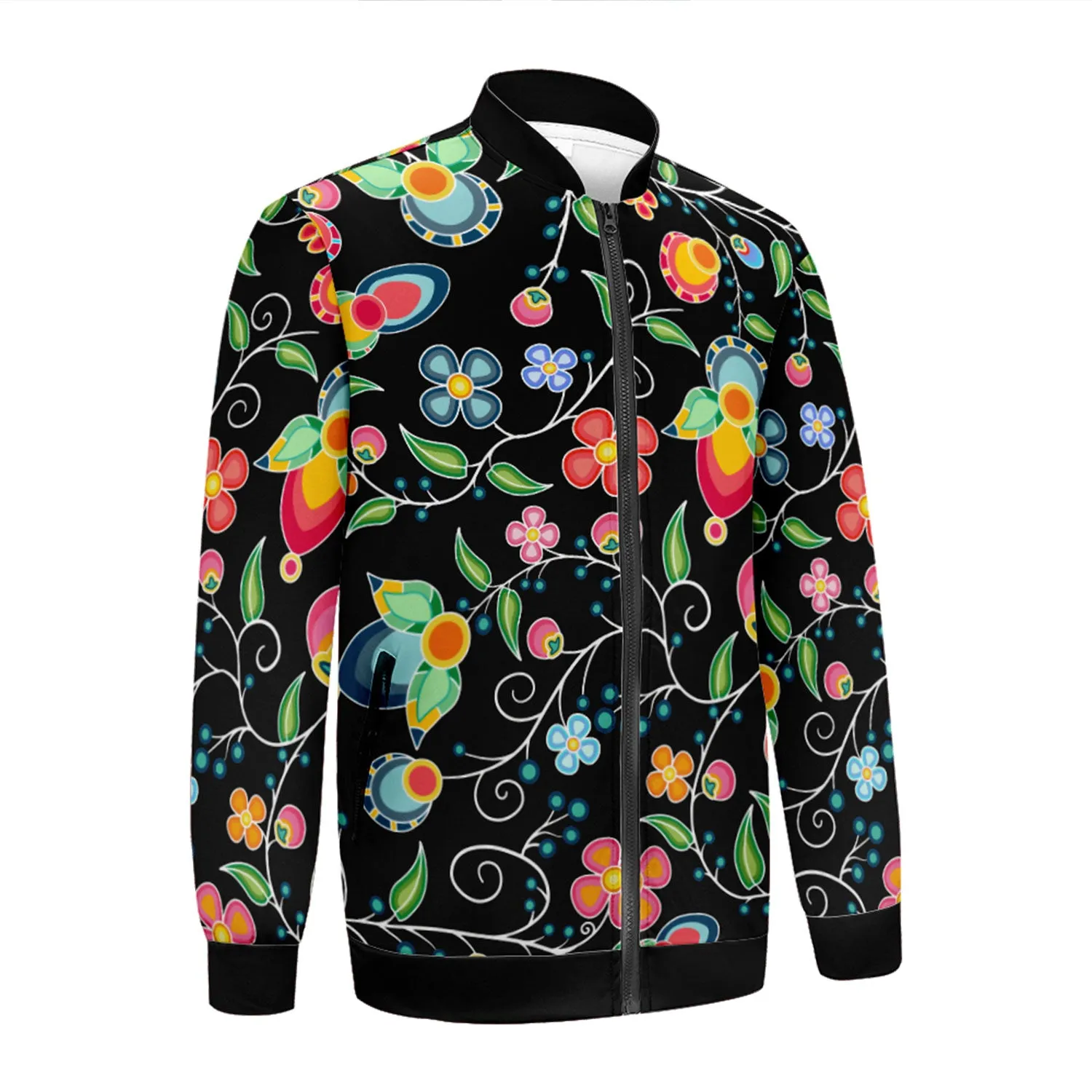 Floral Bounty Black Zippered Collared Lightweight Jacket