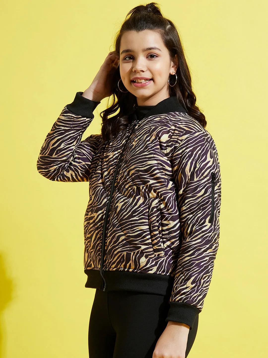 Girls Brown Zebra Quilted Bomber Jacket