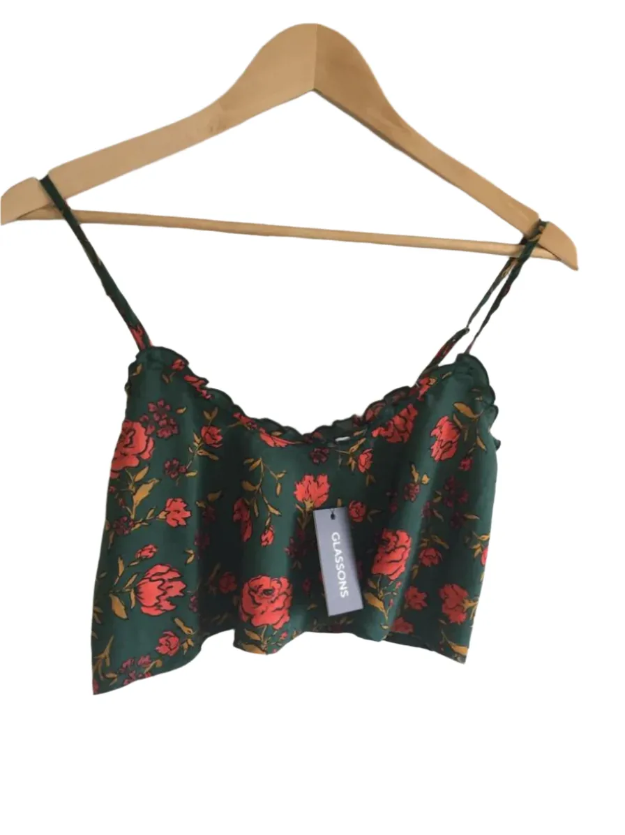 Glassons Size 8  Green Floral Boho Silky Crop Singlet Camisole Bohemian