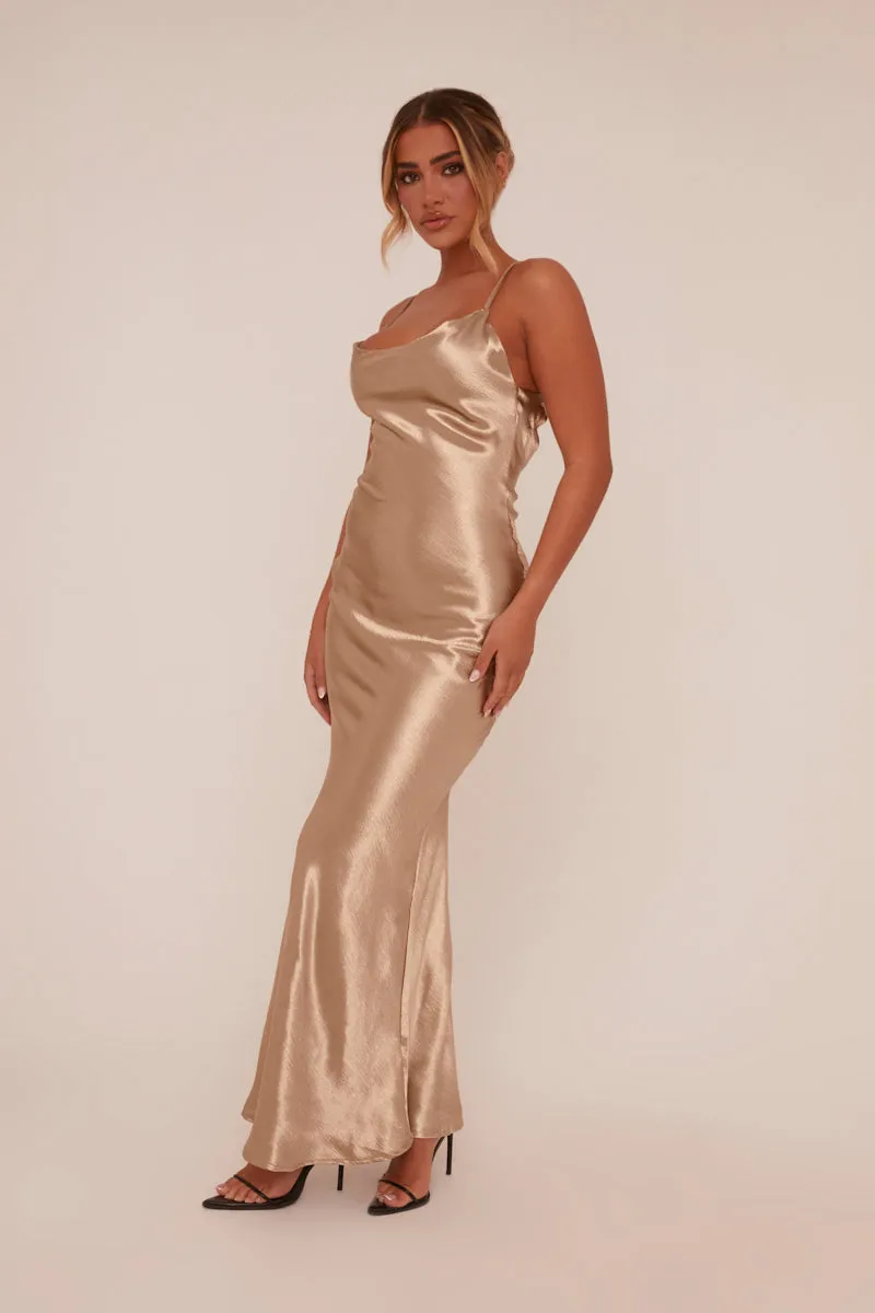 Gold Satin Cowl Neck Maxi Dress - Jesi