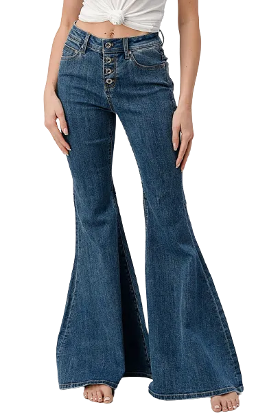 Grace In LA Women's Mid-Rise Flare Buttons Jeans