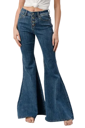 Grace In LA Women's Mid-Rise Flare Buttons Jeans