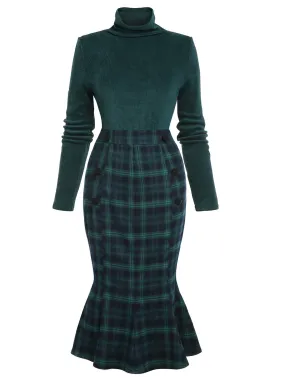 Green 1930s Plaid Turtleneck Fishtail Dress