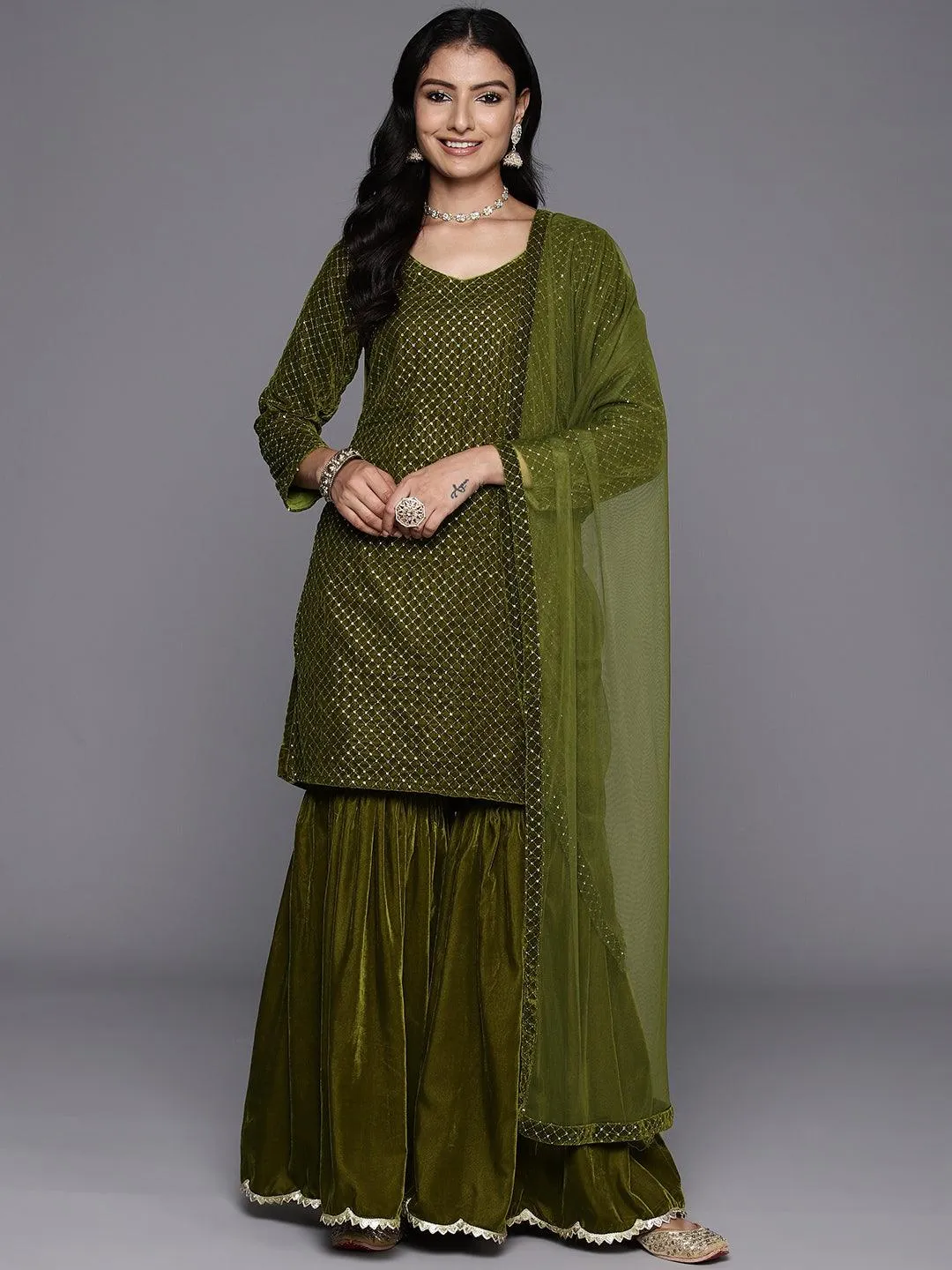 Green Embroidered Velvet Straight Suit With Dupatta