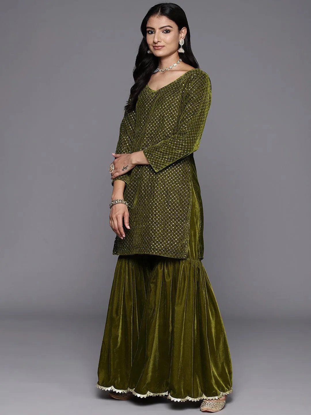 Green Embroidered Velvet Straight Suit With Dupatta