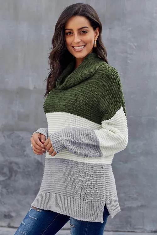 Green Gray Color Block Turtleneck Pullover Sweater