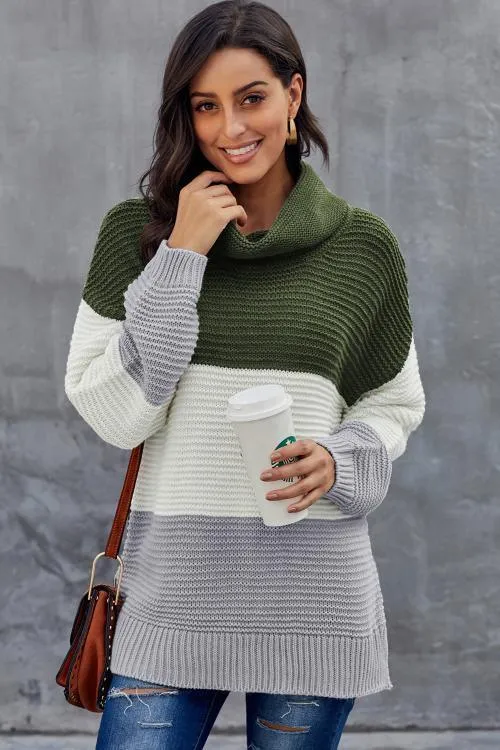 Green Gray Color Block Turtleneck Pullover Sweater