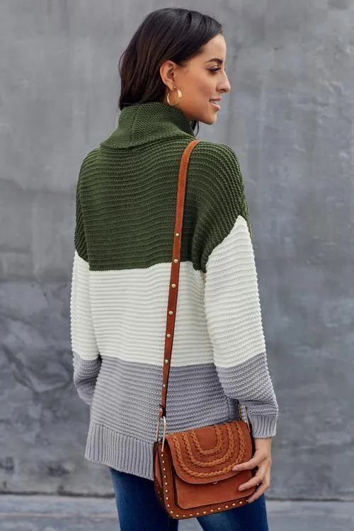 Green Gray Color Block Turtleneck Pullover Sweater