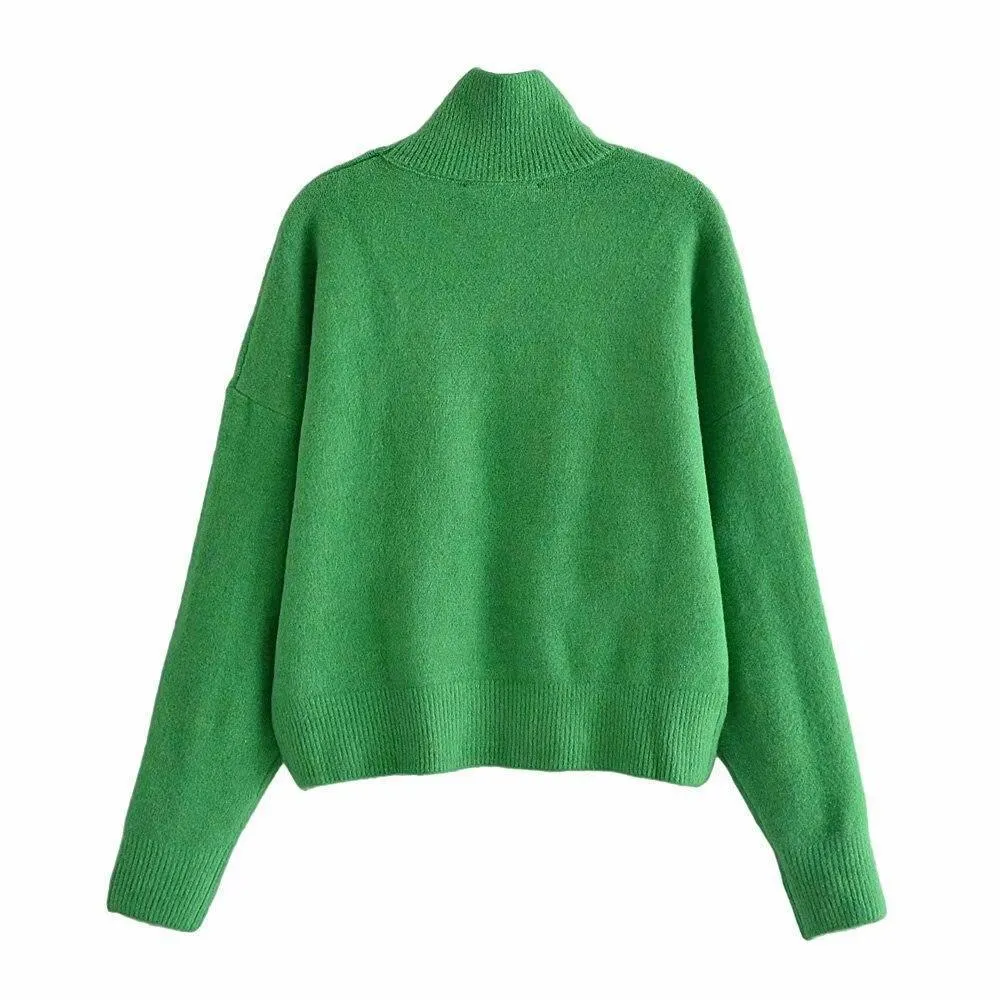 Green Half High Neck Knitted Pullover Vintage Sweater Top