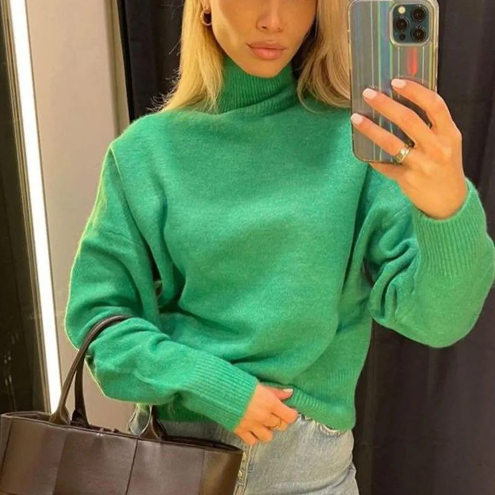 Green Half High Neck Knitted Pullover Vintage Sweater Top