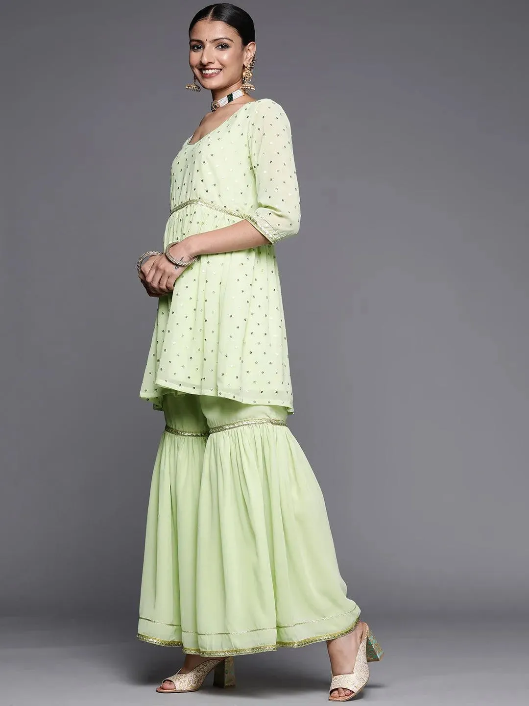 Green Self Design Georgette Anarkali Sharara Suit Set With Dupatta