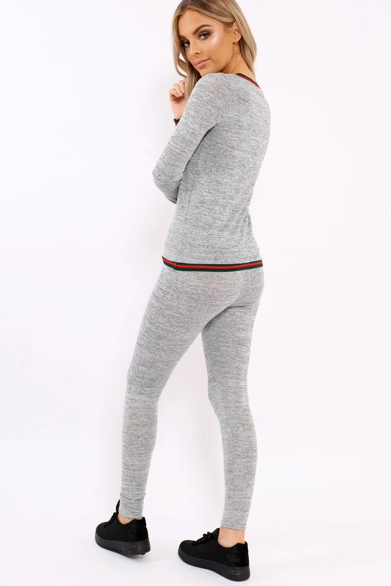 Grey Loungewear Set with Striped Trim - Janey