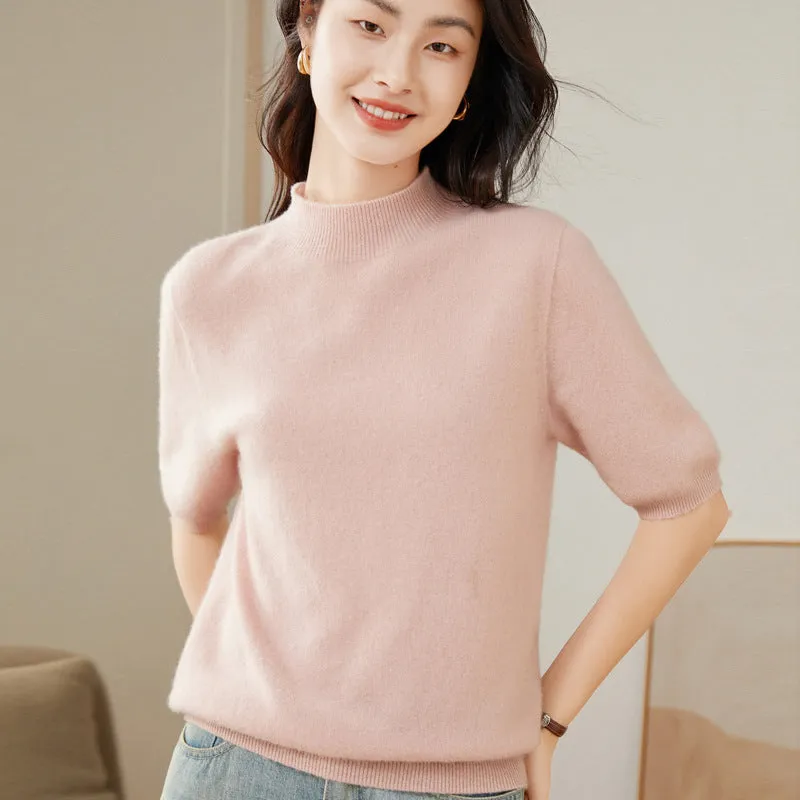 Half Turtleneck Women's 100% Pure Cashmere Sweater  Short Sleeve Cashmere Sweater