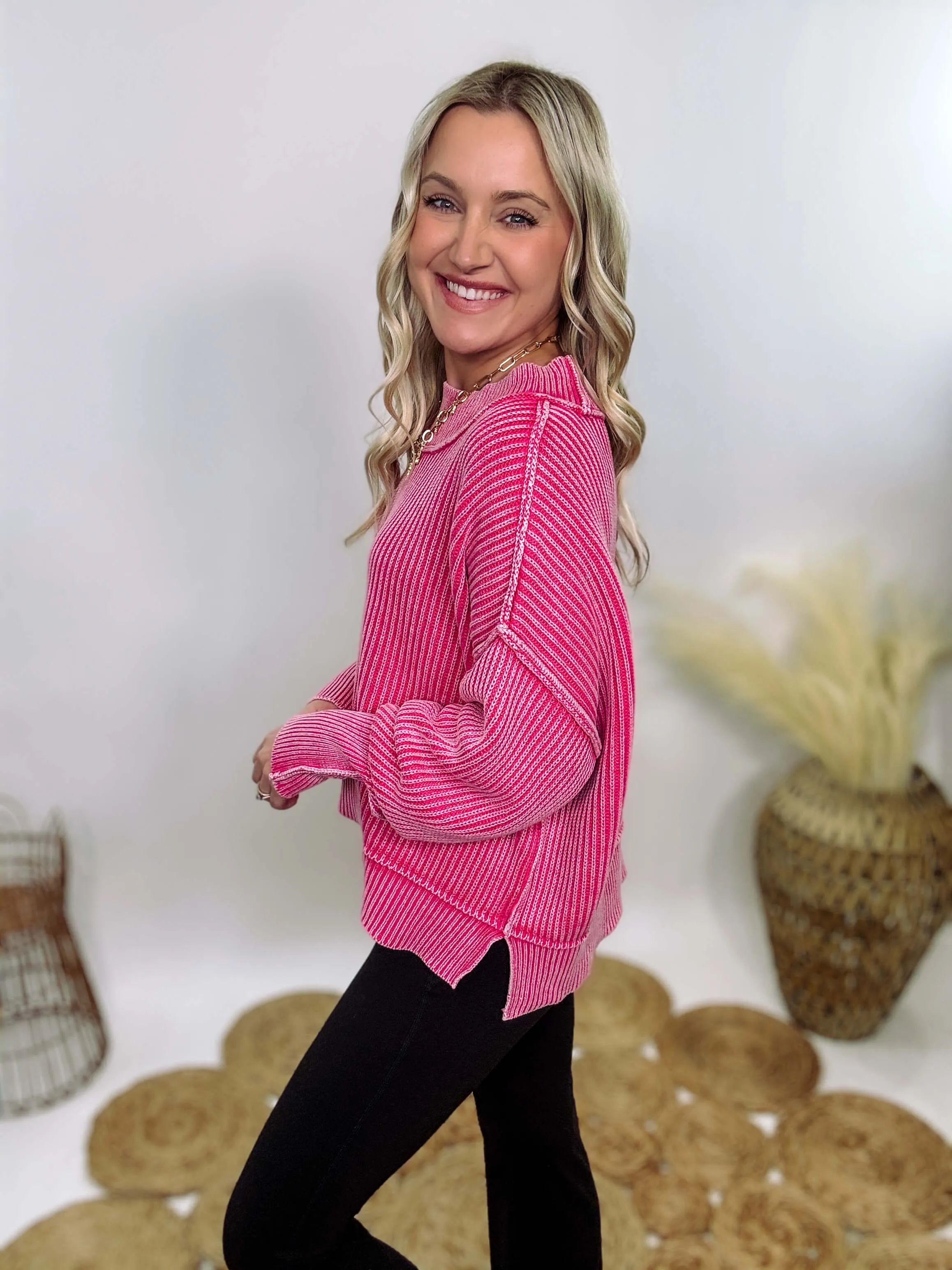 Hot Pink Acid Washed Ribbed Side Slit Sweater