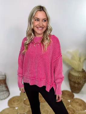 Hot Pink Acid Washed Ribbed Side Slit Sweater