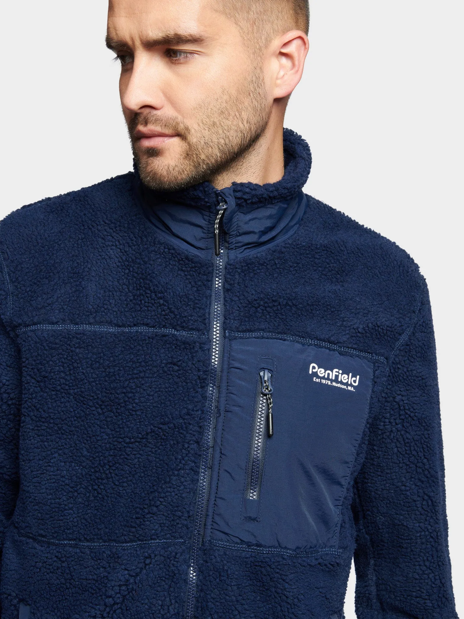 Hudson Script Borg Fleece Jacket in Navy Blue