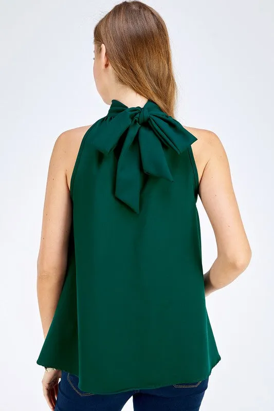 Hunter Green Turtleneck Sleeveless Back Bow Top