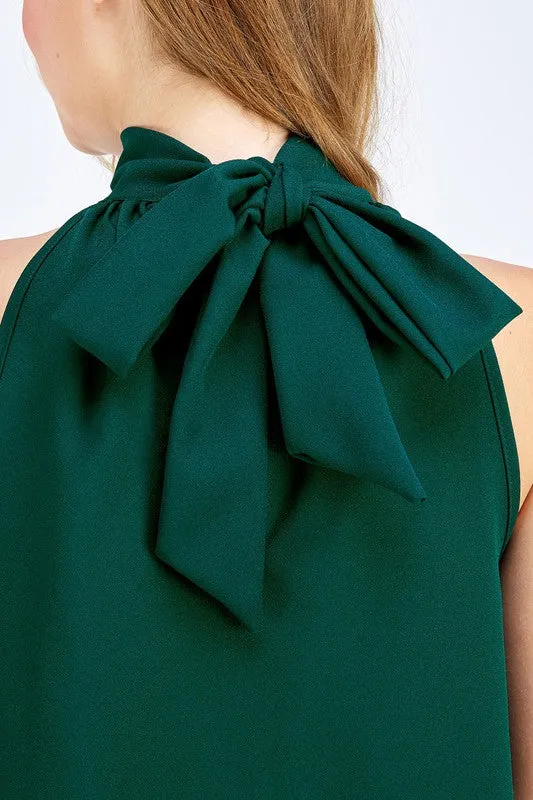 Hunter Green Turtleneck Sleeveless Back Bow Top