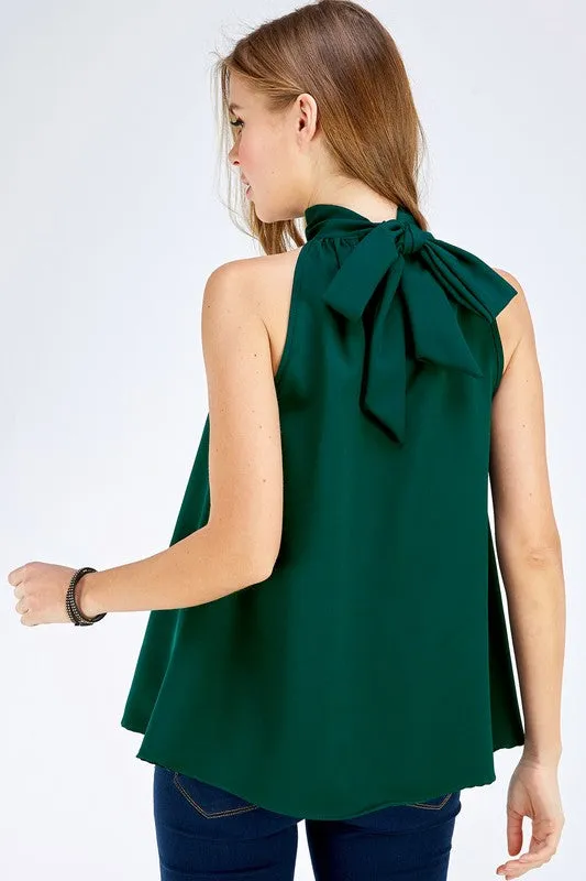 Hunter Green Turtleneck Sleeveless Back Bow Top